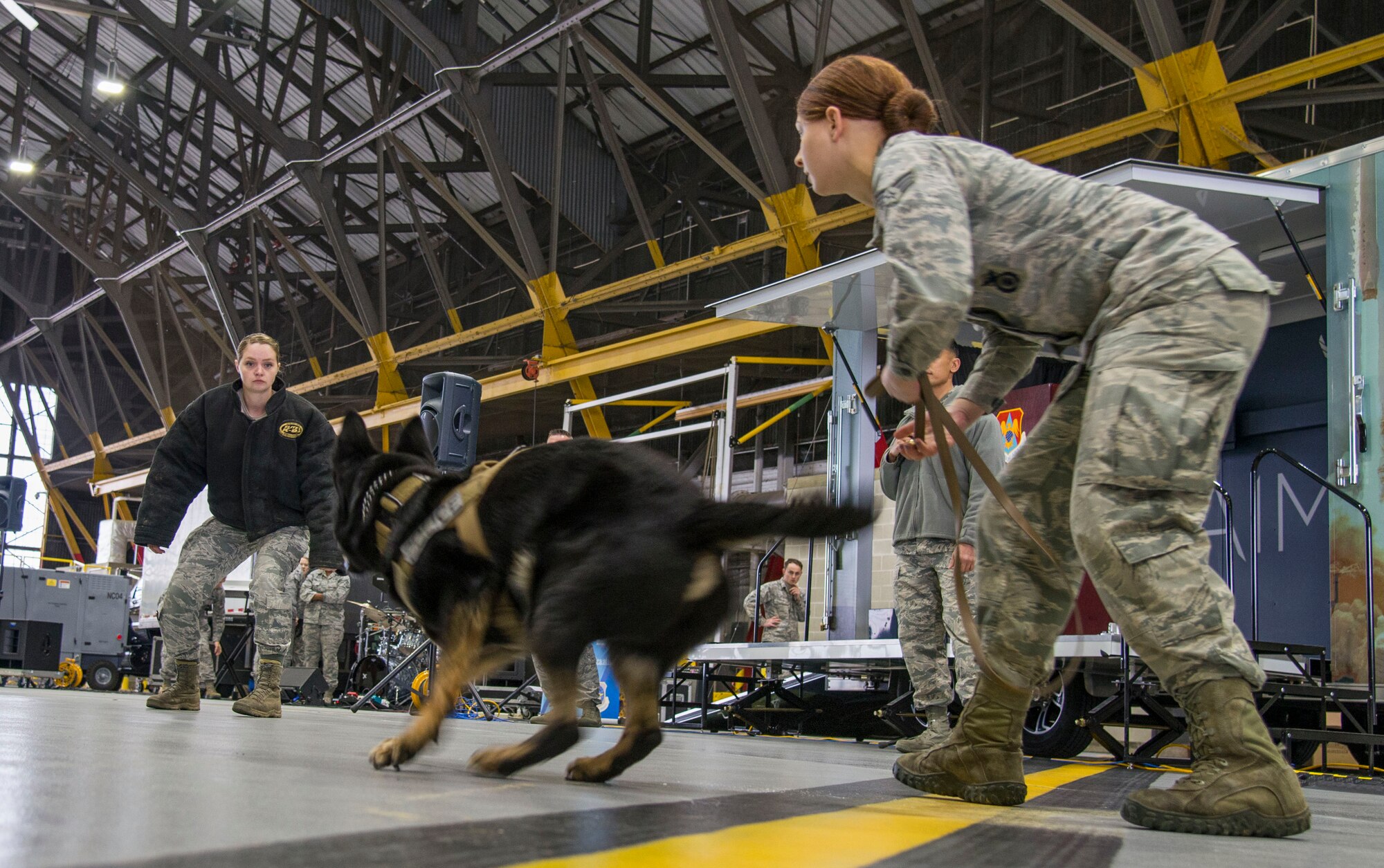 Staff Sgt. Sheridyn Rupp and Senior Airman Eve Caballero, 375th Security Forces Squadron military working dog handlers, and Kaso, 375th SFS MWD, demonstrate how MWDs assist in law enforcement scenarios during the 2019 science, technology, engineering, arts, and math day at Scott Air Force Base, Ill., March 28, 2019. Caballero showed the crowd of students how Kaso is utilized by Security Forces to apprehend, deter and defend against hostiles. (U.S. Air Force photo by Airman 1st Class Nathaniel Hudson)