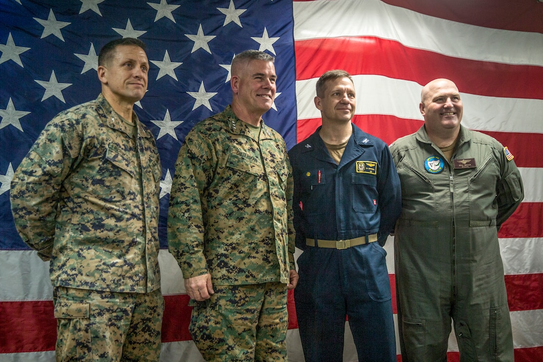 190225-M-EC058-0041 (Feb. 25, 2019) U.S. Marine Corps Lt. Gen. Joseph L. Osterman, the commanding general of I Marine Expeditionary Force, poses for a photo during a visit aboard the amphibious assault ship USS Boxer (LHD 4). Marines and Sailors with the 11th Marine Expeditionary Unit are conducting routine operations as part of the Boxer Amphibious Ready Group in the eastern Pacific Ocean. (U.S. Marine Corps Photo by Lance Cpl. Dalton S. Swanbeck)