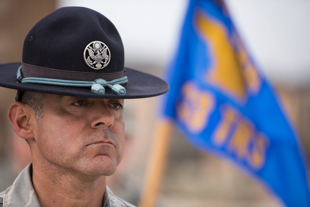 U.S. Air Force Master Sgt. Michael Hernandez, 433rd Training Squadron instructor, and his basic training flight, practices for the graduation parade ceremony, Dec. 12, 2018, at Joint Base San Antonio-Lackland, Texas.