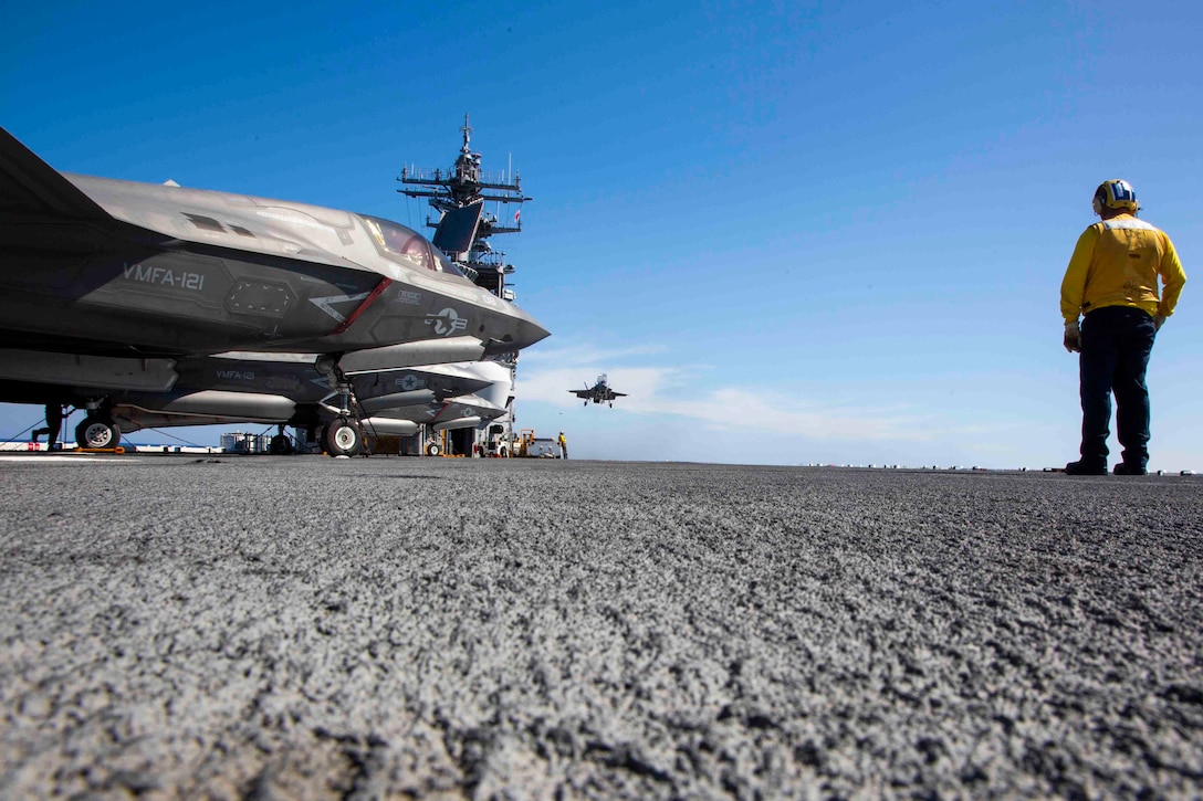 U.S. Marines with Marine Fighter Attack Squadron and U.S. Sailors aboard the amphibious assault ship USS Wasp prepare for flight operations in international airspace March 29, 2019 in the Philippine Sea. The U.S. is proud to participate in the Philippines-led exercise in order to conduct capabilities development training that enhances our forces' tactics, techniques and procedures across a wide range of military operations.