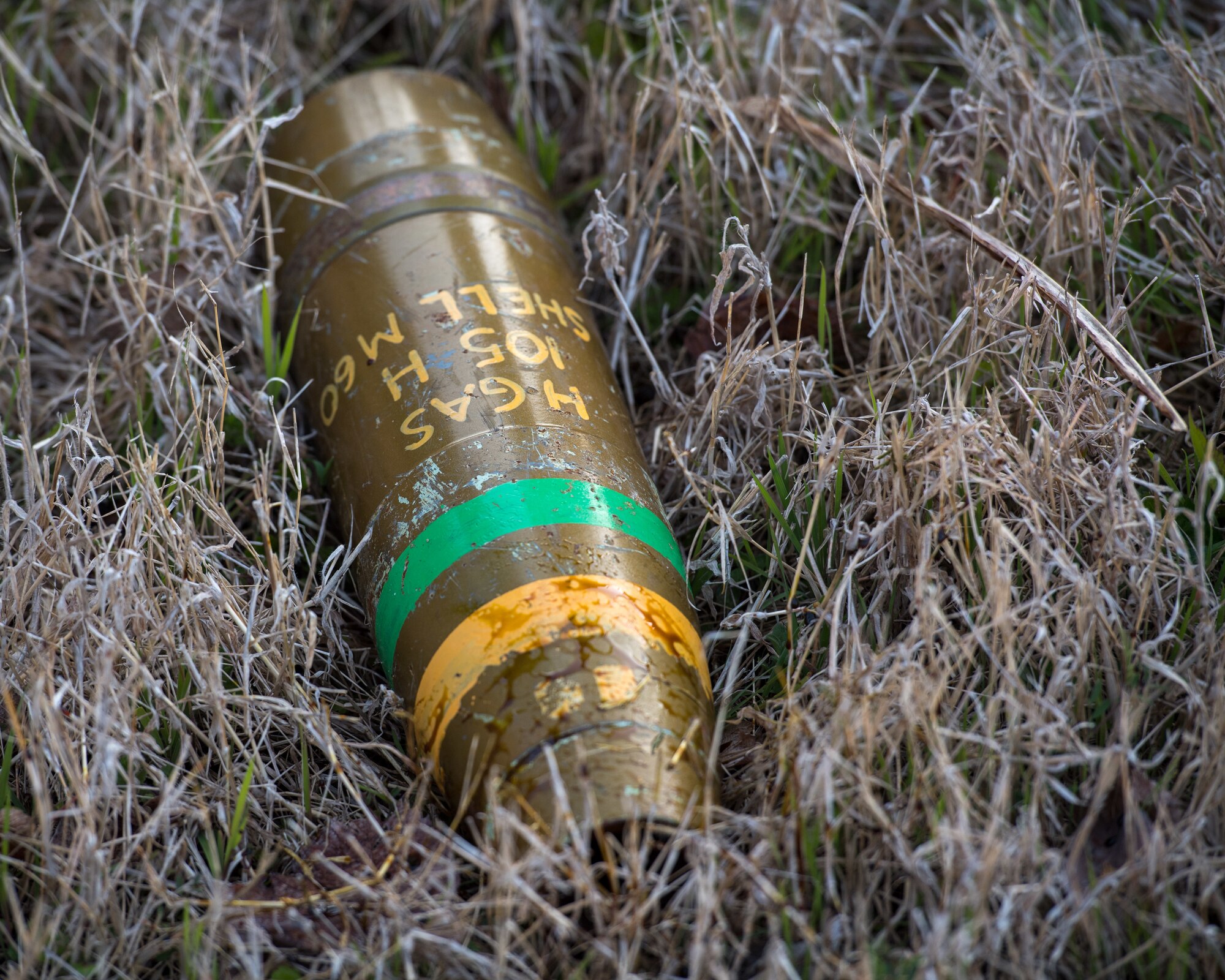 A chemical munition lies in a field during an active chemical, biological, radiological and nuclear (CBRN) response training at Joint Base Langley-Eustis, Virginia, March 29, 2019.