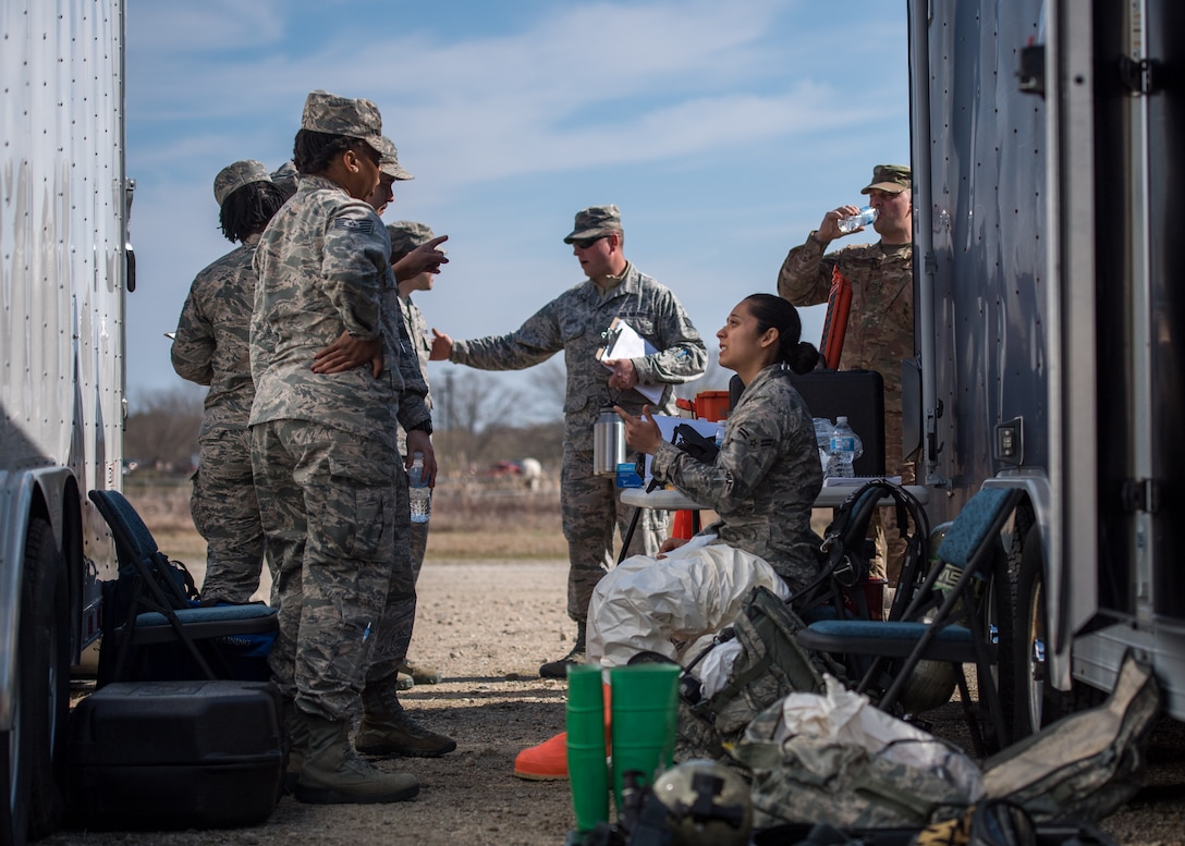 U.S. Air Force Airmen from the 633rd Aerospace Medicine Squadron bioenvironmental engineering flight respond to an active chemical, biological, radiological and nuclear (CBRN) response training at Joint Base Langley-Eustis, Virginia, March 29, 2019.