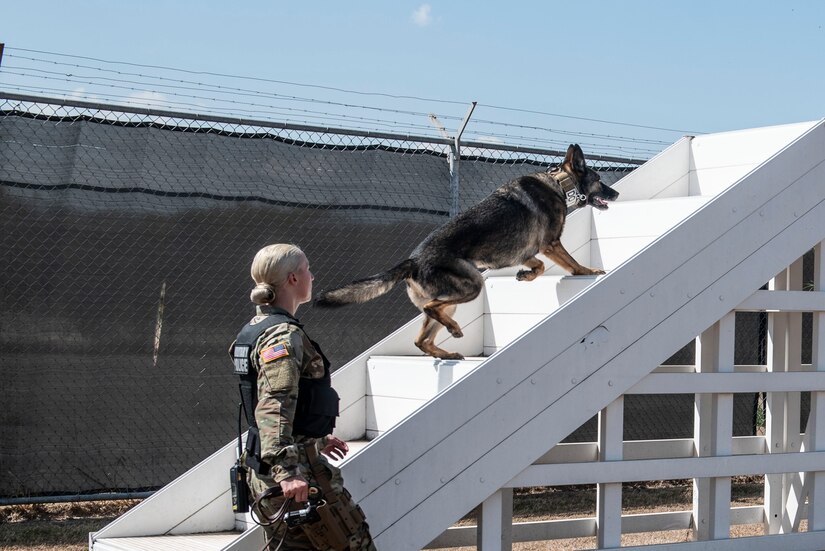U.S. Army Pfc. Kristy Mundaniohl, Joint Security Forces military working dog (MWD) handler, runs her canine, Lara, through the kennel obstacle course at Soto Cano Air Base, Honduras, March 27, 2019.