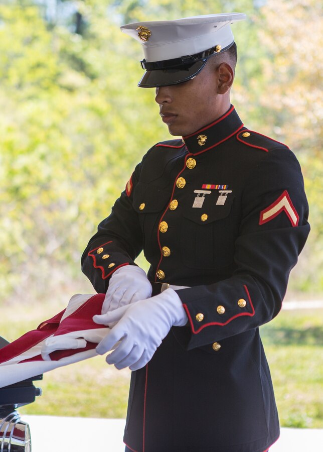 A Marine with Marine Forces Reserve folds the flag during military funeral honors for retired Lt. Col. Dennis Stegall at Southeast Louisiana Veterans Cemetery on April 1, 2019. Stegall retired from the Marine Corps after 23 years of service in 2006 and continued to serve as the Marine Corps deputy comptroller for MARFORRES. (U.S. Marine Corps photo by Sgt. Dante J. Fries)