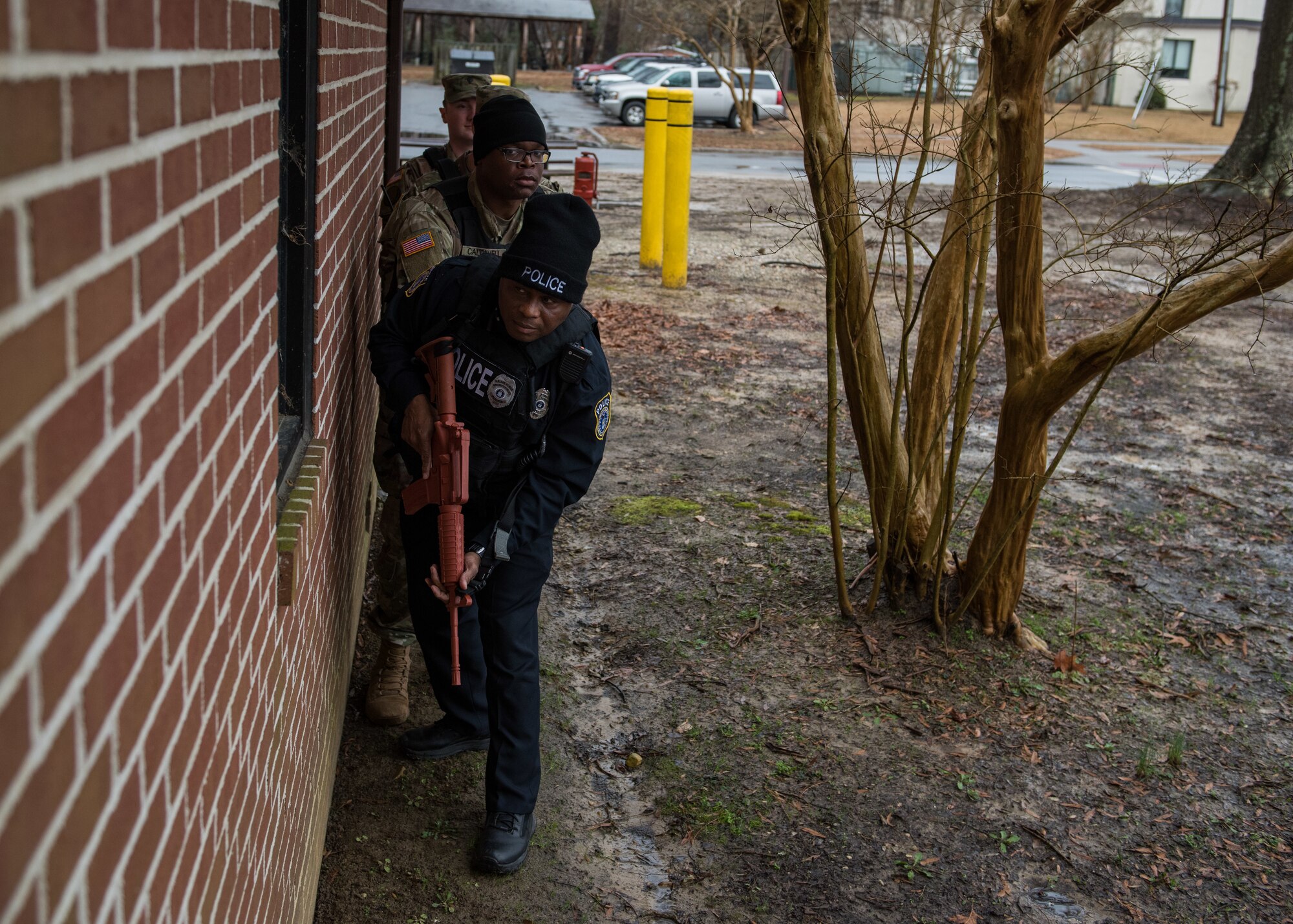 U.S. Army Soldiers from the 733rd Security Forces Squadron respond to an active shooter exercise at Fort Eustis, Virginia, Feb. 21, 2019.