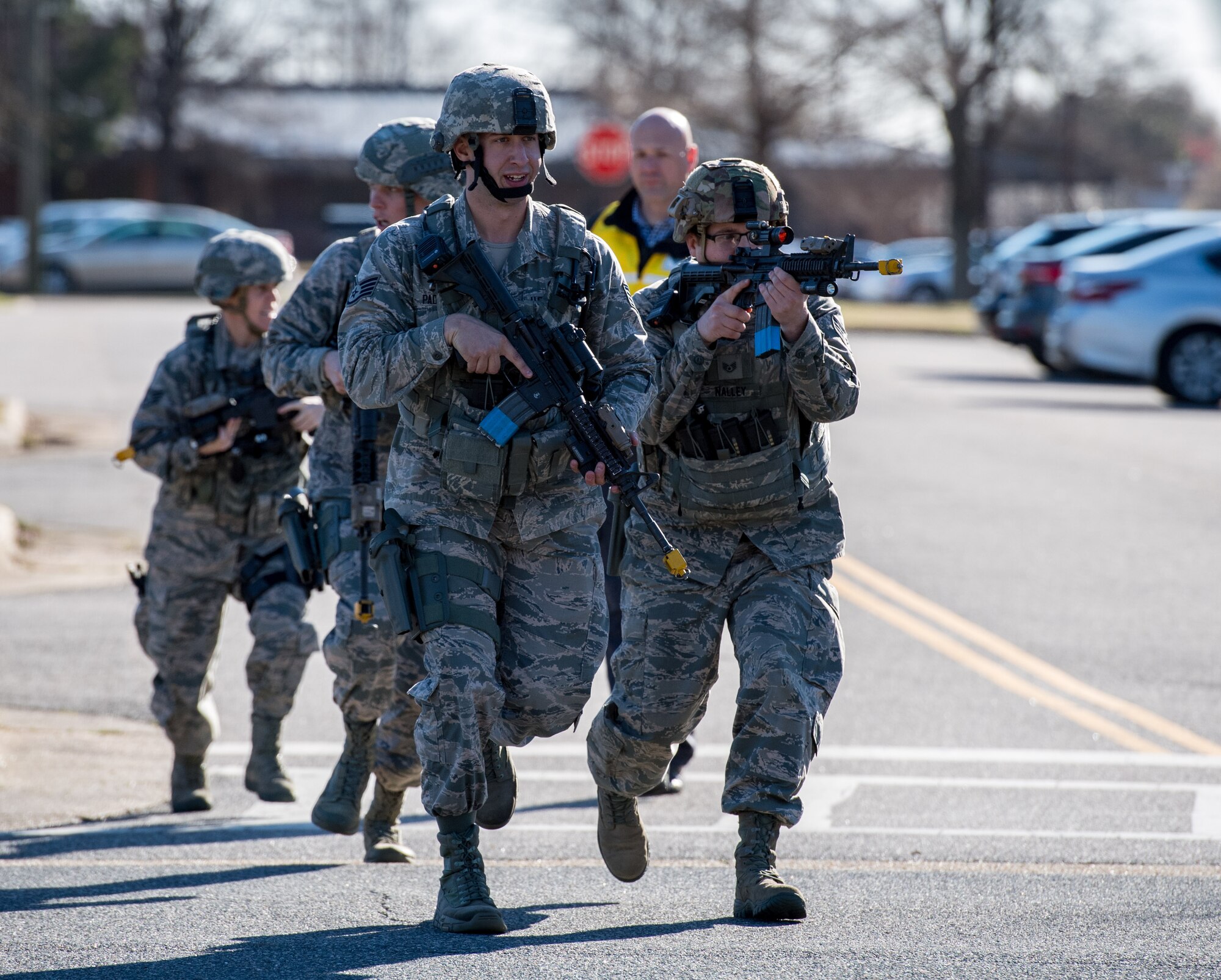 U.S. Air Force Airmen from the 633rd Security Forces Squadron respond to an active shooter exercise at Langley Air Force Base, Virginia, March 27, 2019.
