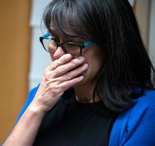 Rita Ibanez gets emotional while talking about her 2015 experience as an extracorporeal membrane oxygenation patient at Brooke Army Medical Center, Joint Base San Antonio-Fort Sam Houston, March 22. Ibanez reached out to BAMC via social media, because she wanted the opportunity to thank the medical professionals who cared for her and to see firsthand the machine that helped save her life.