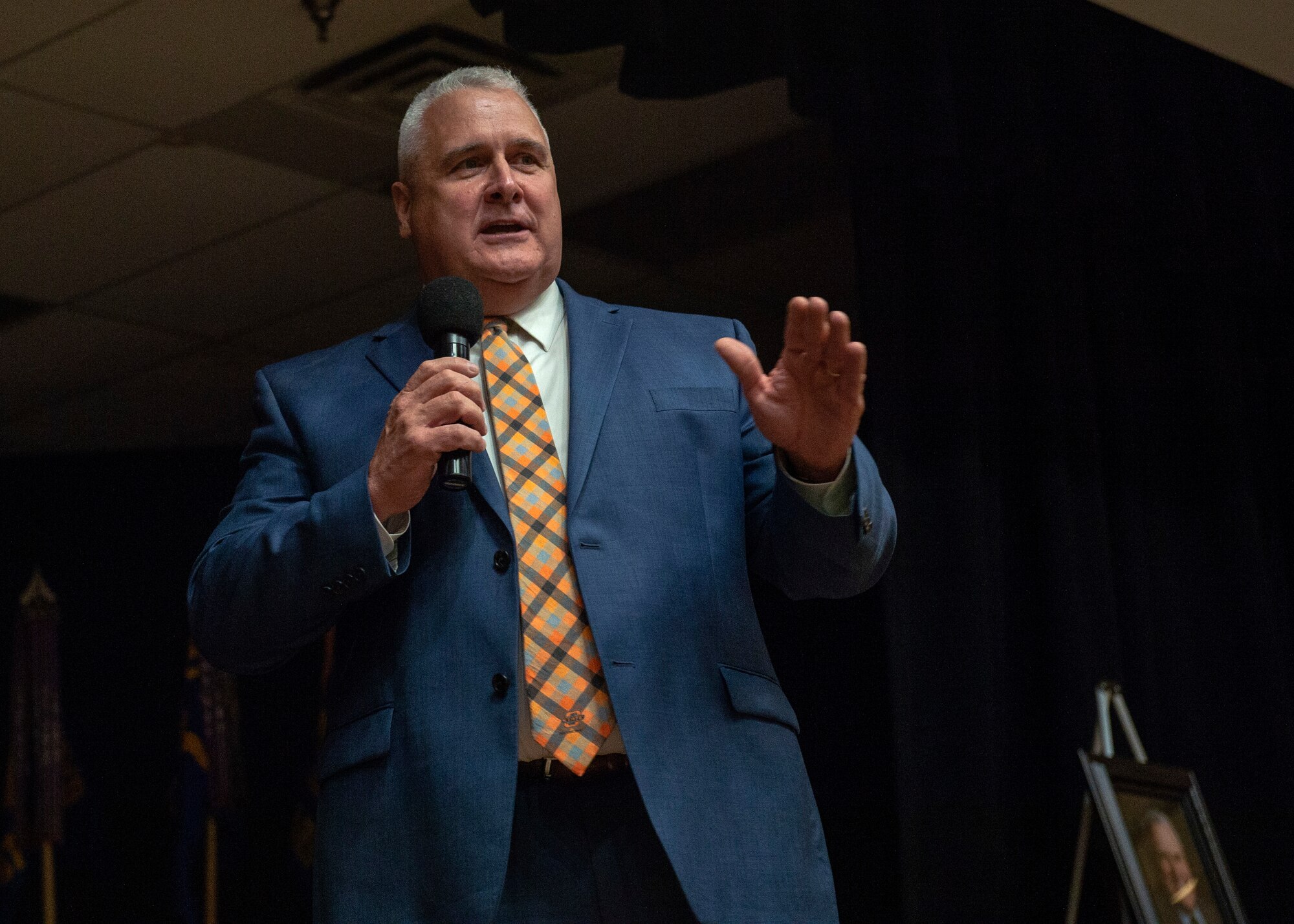 The Honorable Mike Schulz, former United States Senator for the state of Oklahoma, speaks to the other attendees of the Honorary Commanders and Friends of Altus Induction ceremony, March 29, 2019, at Altus Air Force Base, Okla. Schulz was one of two individuals selected to become friends of Altus. (Senior Airman Jackson N. Haddon)