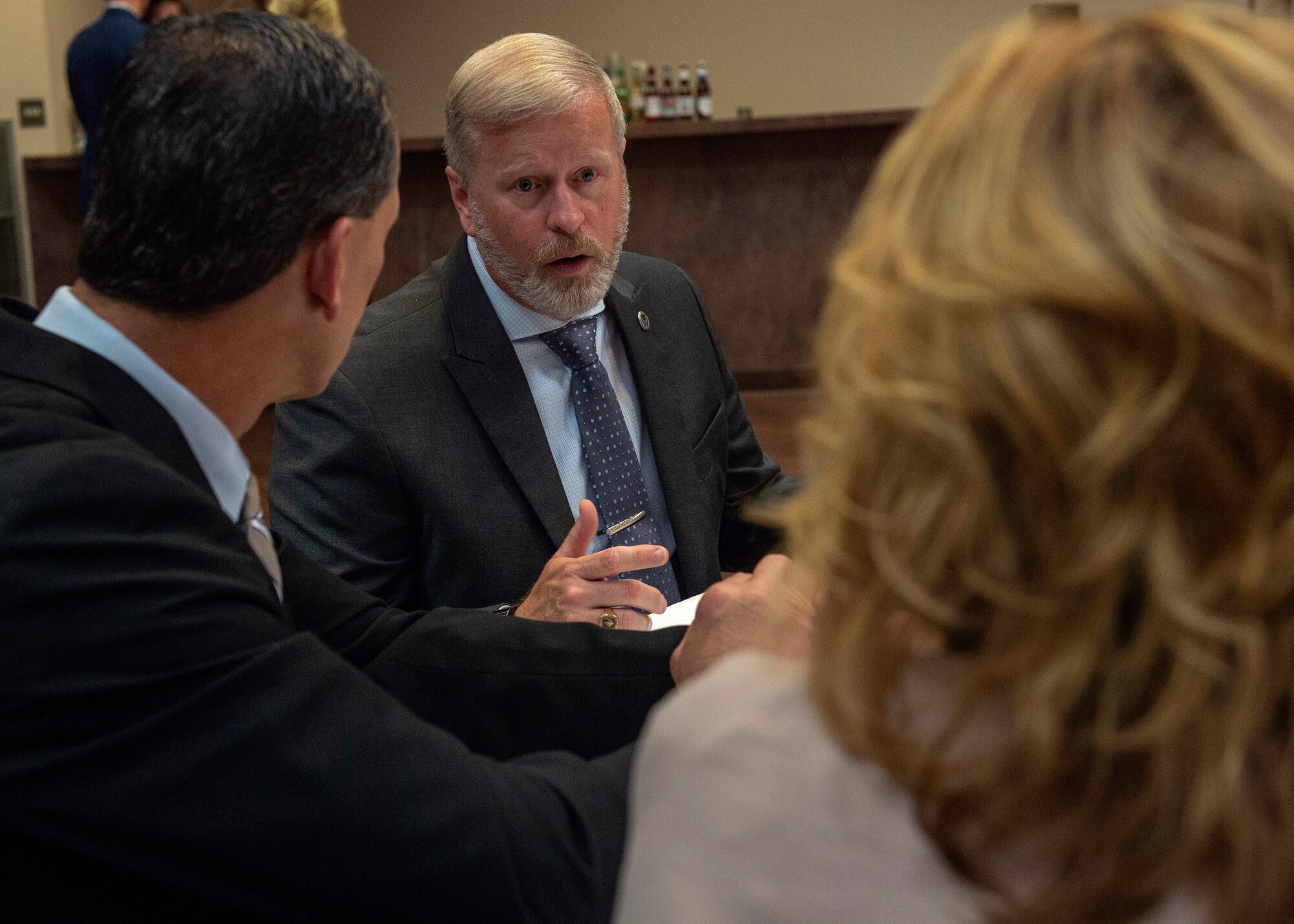 Mr. Kelly Bailey, 97th Maintenance Group commander, speaks to members of the community about base operations during the Honorary Commanders and Friends of Altus Induction Ceremony, March 29, 2019, at Altus Air Force Base, Okla. Bailey was paired with Dale Latham, Superintendent and CEO of the Southwest Technology Center, as his Honorary Commander. (U.S. Air Force Photo by Senior Airman Jackson N. Haddon)