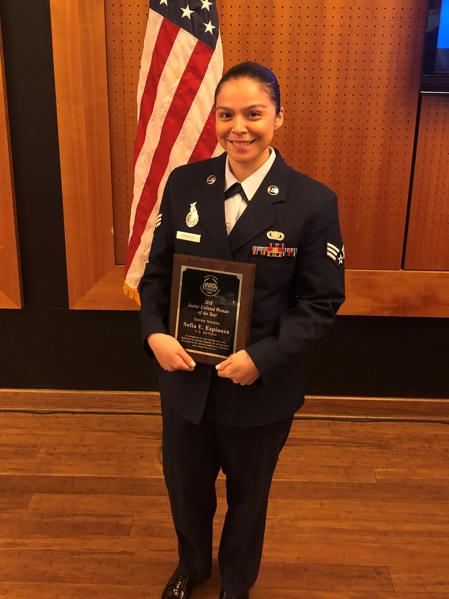 Senior Airman Sofia Espinoza, 628th Security Forces Squadron base armorer, was awarded the 2018 Junior Enlisted Woman of the Year award by the Palmetto Chapter of Women In Defense March 21, 2019. Espinoza was presented the award during the 9th annual Military Woman of Year event held at the Founders Hall at Charles Towne Landing, Charleston, S.C.