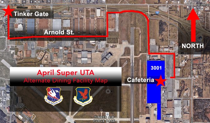 During the April Unit Training Assembly April 4-7, 2019, Reservists at Tinker Air Force Base, Oklahoma, will receive their meals at Bldg. 3001 Cafeteria and at Golden Corral in Midwest City, Oklahoma. (U.S. Air Force image by Lauren Gleason)