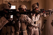 U.S Marines with 1st Battalion, 7th Marine Regiment, 1st Marine Division, provide suppressive fire during Integrated Training Exercise (ITX) 2-19 at Range 220 on Marine Corps Air Ground Combat Center, Twentynine Palms, Calif., Feb. 9, 2019. The purpose of ITX is to create a challenging, realistic training environment that produces combat-ready forces capable of operating as an integrated Marine Air Ground Task Force. (U.S. Marine Corps photo by Lance Cpl. Colton Brownlee)