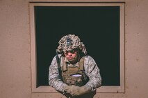A U.S Marine with 1st Battalion, 7th Marine Regiment, 1st Marine Division, takes a break during Integrated Training Exercise (ITX) 2-19 at Range 220 on Marine Corps Air Ground Combat Center, Twentynine Palms, Calif., Feb. 9, 2019. The purpose of ITX is to create a challenging, realistic training environment that produces combat-ready forces capable of operating as an integrated Marine Air Ground Task Force. (U.S. Marine Corps photo by Lance Cpl. Corey Mathews)