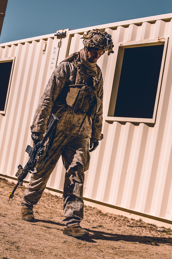 A U.S Navy Corpsman with 1st Battalion, 7th Marine Regiment, 1st Marine Division, participates in Integrated Training Exercise (ITX) 2-19 at Range 220 on Marine Corps Air Ground Combat Center, Twentynine Palms, Calif., Feb. 9, 2019. The purpose of ITX is to create a challenging, realistic training environment that produces combat-ready forces capable of operating as an integrated Marine Air Ground Task Force. (U.S. Marine Corps photo by Lance Cpl. Corey Mathews)