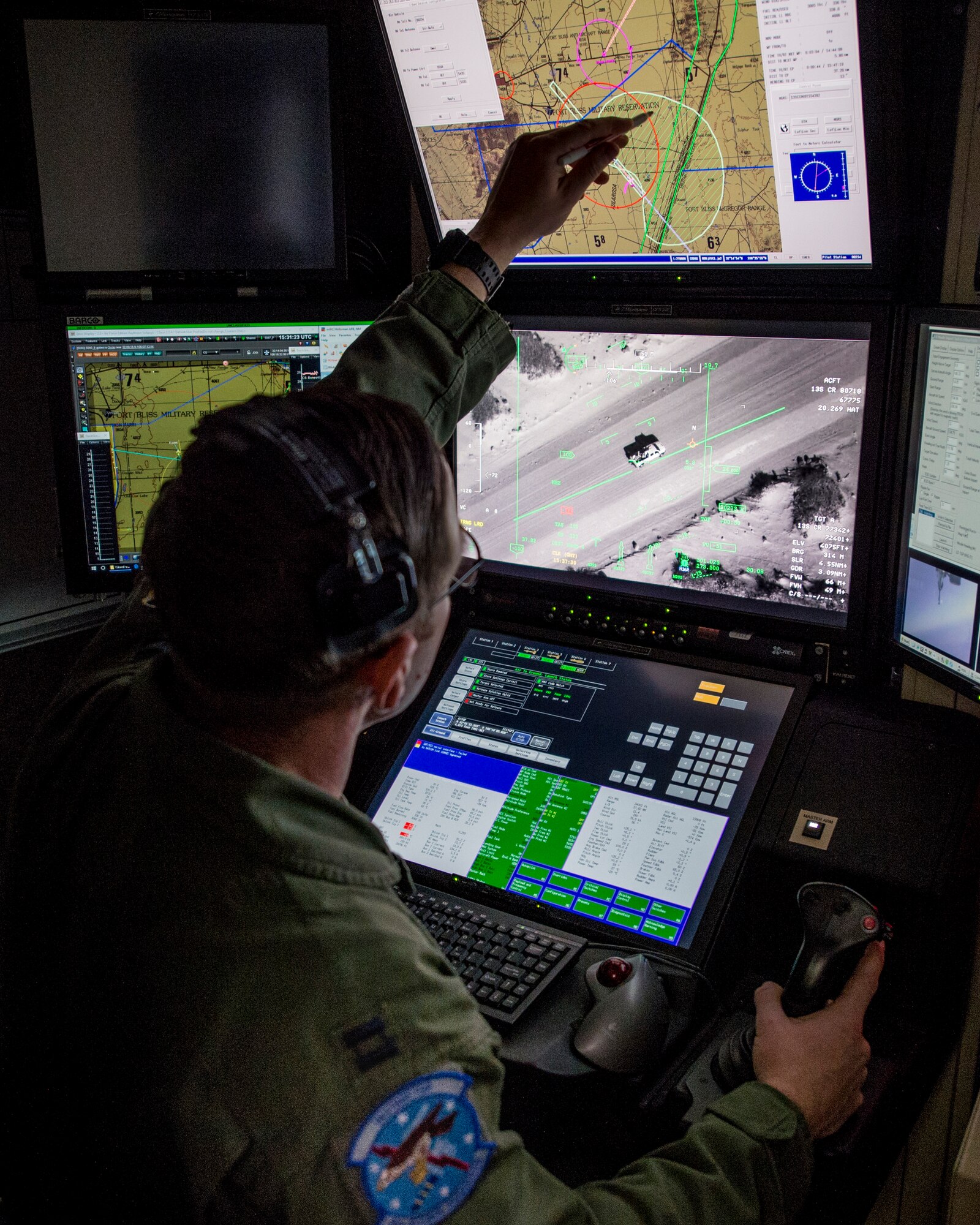 Capt. David, 6th Attack Squadron MQ-9 Reaper pilot and, flies over Red Rio Range, N.M., during an exercise, March 14, 2019, at the 6th Attack Squadron on Holloman Air Force Base, N.M. Asche said the exercise was important exposure for the combat rescue officer students to see how to interact with MQ-9s and also how to go through the procedures to enable the crew to help them. (U.S. Air Force photo by Airman 1st Class Kindra Stewart)