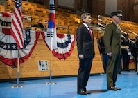 Marine Corps Gen. Joe Dunford, chairman of the Joint Chiefs of Staff, hosts a Armed Forces Full Honor Arrival Ceremony for Minister of National Defense of the Republic of Korea Jeong Kyeong-doo, at Conmy Hall on Joint Base Myer-Henderson Hall, April 2, 2019.