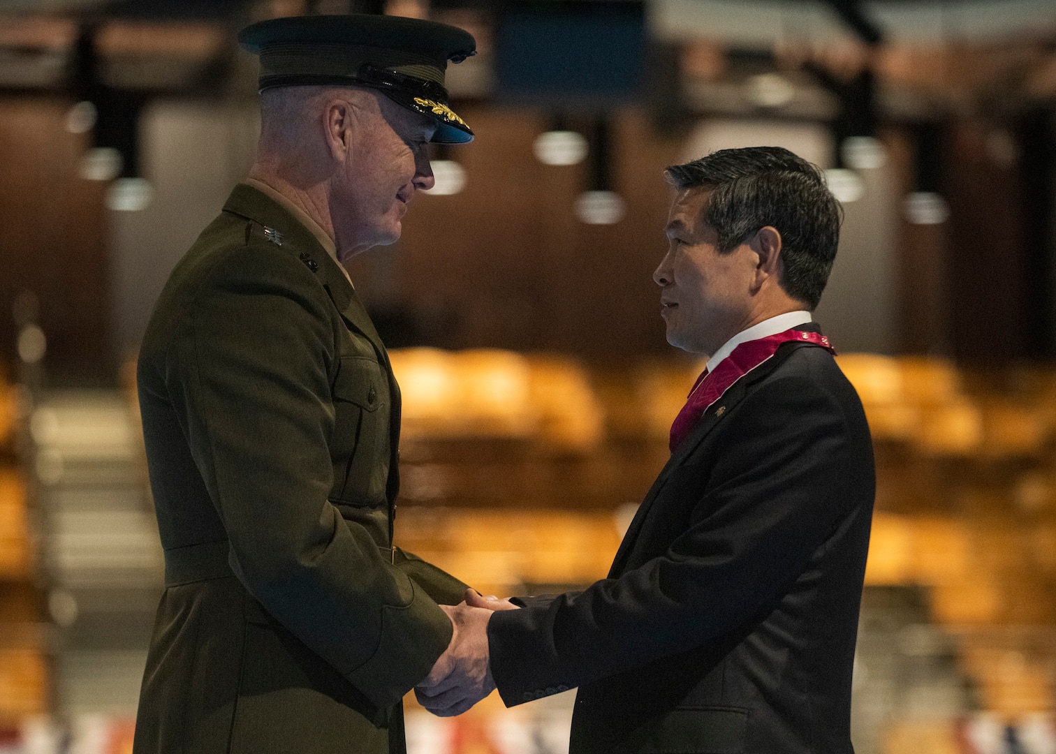 Marine Corps Gen. Joe Dunford, chairman of the Joint Chiefs of Staff, presents the Legion of Merit to Minister of National Defense of the Republic of Korea Jeong Kyeong-doo at Conmy Hall on Joint Base Myer-Henderson Hall, April 2, 2019.