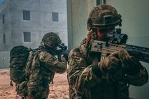 U.K. Royal Marines with 45 Commando post security during Integrated Training Exercise (ITX) 2-19 at Range 220, Marine Corps Air Ground Combat Center, Twentynine Palms, Calif. Feb. 9, 2019. ITX creates a challenging, realistic training environment that produces combat-ready forces capable of operating as an integrated Marine Air Ground Task Force. (U.S. Marine Corps photo by Cpl. Jennessa Davey)