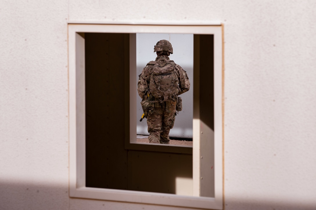 A U.K. Royal Marine with 45 Commando participates in training during Integrated Training Exercise (ITX) 2-19 at Range 220, Marine Corps Air Ground Combat Center, Twentynine Palms, Calif. Feb. 9, 2019. ITX creates a challenging, realistic training environment that produces combat-ready forces capable of operating as an integrated Marine Air Ground Task Force. (U.S. Marine Corps photo by Cpl. Conner Downey)