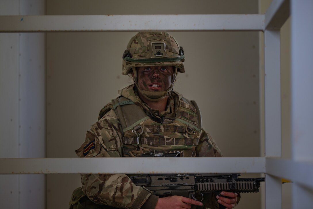 A British Army dog handler from the Royal Army Veterinary Corps participates in training during Integrated Training Exercise (ITX) 2-19 at Range 220, Marine Corps Air Ground Combat Center, Twentynine Palms, Calif. Feb. 9, 2019. ITX creates a challenging, realistic training environment that produces combat-ready forces capable of operating as an integrated Marine Air Ground Task Force. (U.S. Marine Corps photo by Cpl. Conner Downey)