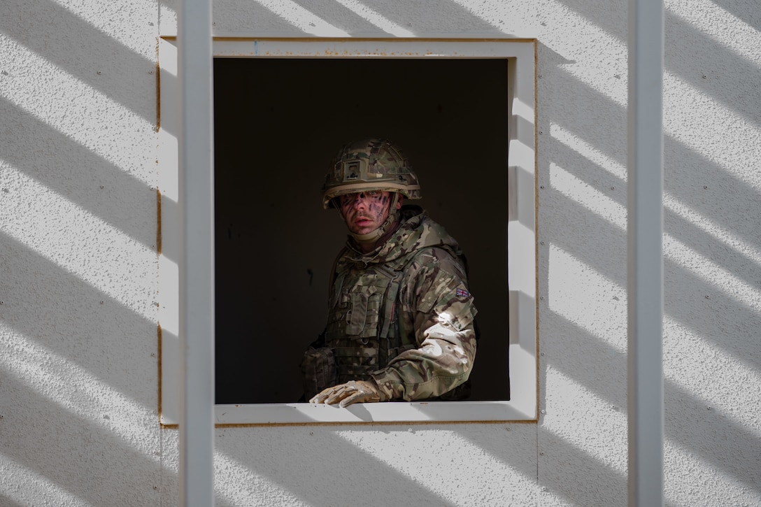 A U.K. Royal Marine with 45 Commando overlooks the surrounding area during Integrated Training Exercise (ITX) 2-19 at Range 220, Marine Corps Air Ground Combat Center, Twentynine Palms, Calif. Feb. 9, 2019. ITX creates a challenging, realistic training environment that produces combat-ready forces capable of operating as an integrated Marine Air Ground Task Force. (U.S. Marine Corps photo by Cpl. Conner Downey)