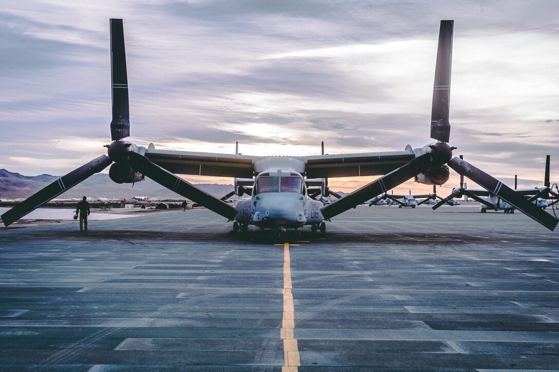An MV-22 Osprey with Marine Aircraft Group 13, 3rd Marine Aircraft Wing sits on the flightline  in preparation for a training exercise on Marine Corp Air Ground Combat Center, Twentynine Palms, Calif., Feb 15, 2019. Exercises such as this provide realistic training necessary for 3rd MAW as the Marine Corps’ Largest aircraft wing and ensures the unit remains ready. (U.S. Marine Corps photo by Lance Cpl. Colton Brownlee)