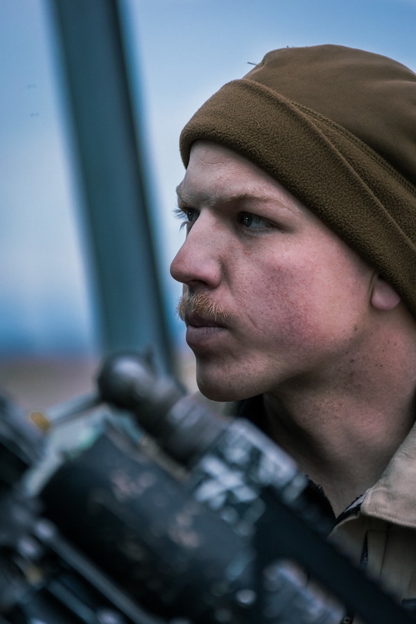 A U.S. Marine with Marine Aircraft Group 13, 3rd Marine Aircraft Wing (3rd MAW) poses for a portrait on the flightline at Marine Corp Air Ground Combat Center, Twentynine Palms, Calif., Feb 15, 2019. Exercises such as this provide realistic training necessary for 3rd MAW as the Marine Corps’ Largest aircraft wing and ensures the unit remains ready. (U.S. Marine Corps photo by Lance Cpl. Colton Brownlee)