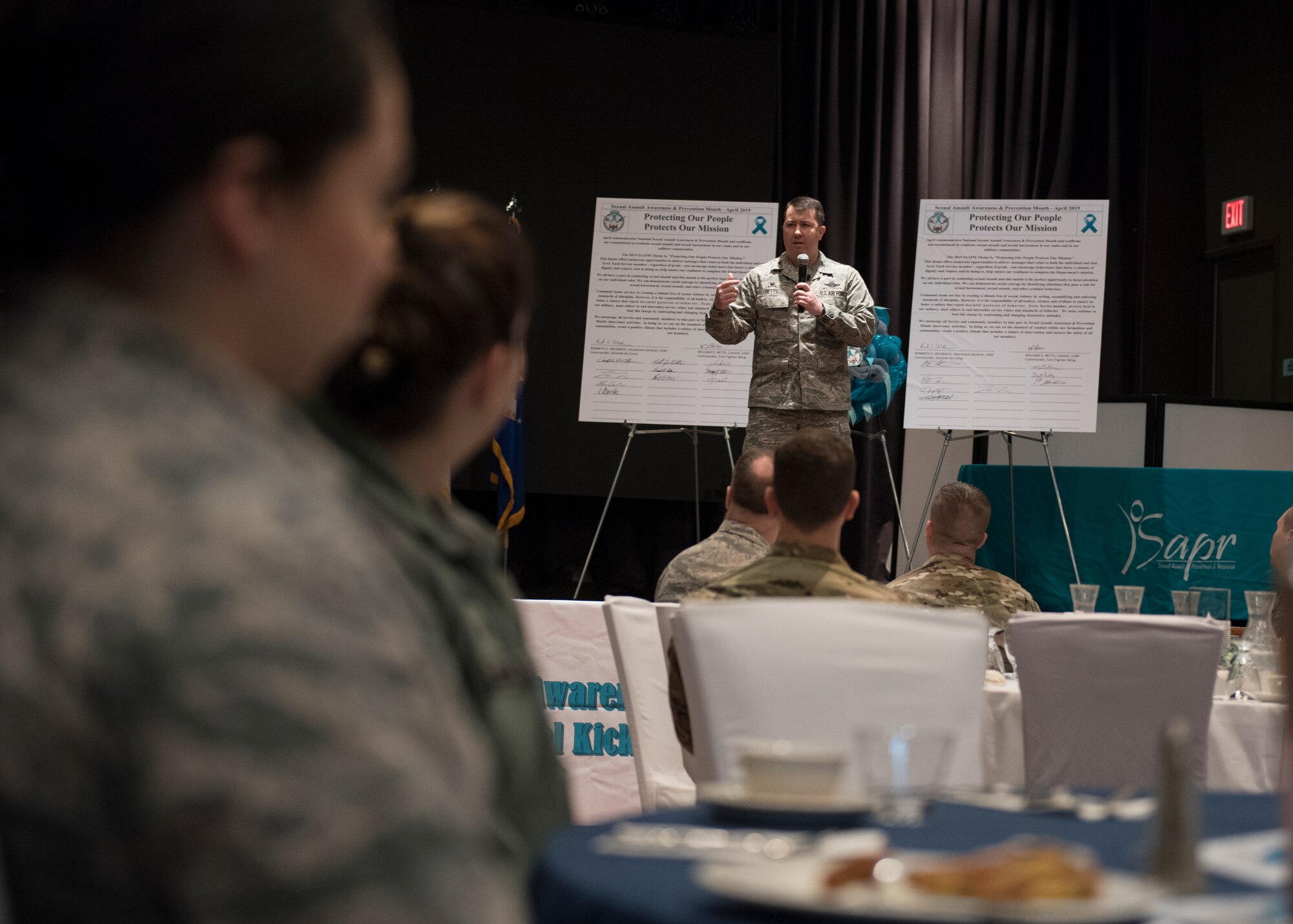 U.S. Air Force Col. William Betts, commander of the 51st Fighter Wing, speaks at the kickoff of Sexual Assault Awareness and Prevention Month (SAAPM) at Osan Air Base, Republic of Korea, April 3, 2019. Betts signed the SAAPM proclamation, which pledged Team Osan’s commitment to make every effort to reduce and eliminate sexual assaults here and across the Air Force. (U.S. Air Force photo by Staff Sgt. Ramon A. Adelan)