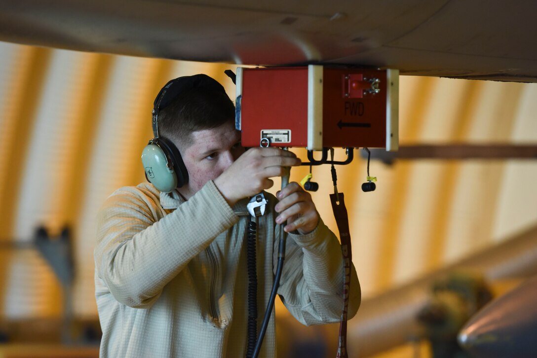 Senior Airman Zachary Conner, 31st Aircraft Maintenance Squadron avionics technician, performs routine maintenance on an F-16 Fighting Falcon at Aviano Air Base, Italy, April 3, 2019. The 31 AMXS aids the 31st Fighter Wing with its combat role by maintaining aircraft and personnel in a high state of readiness.