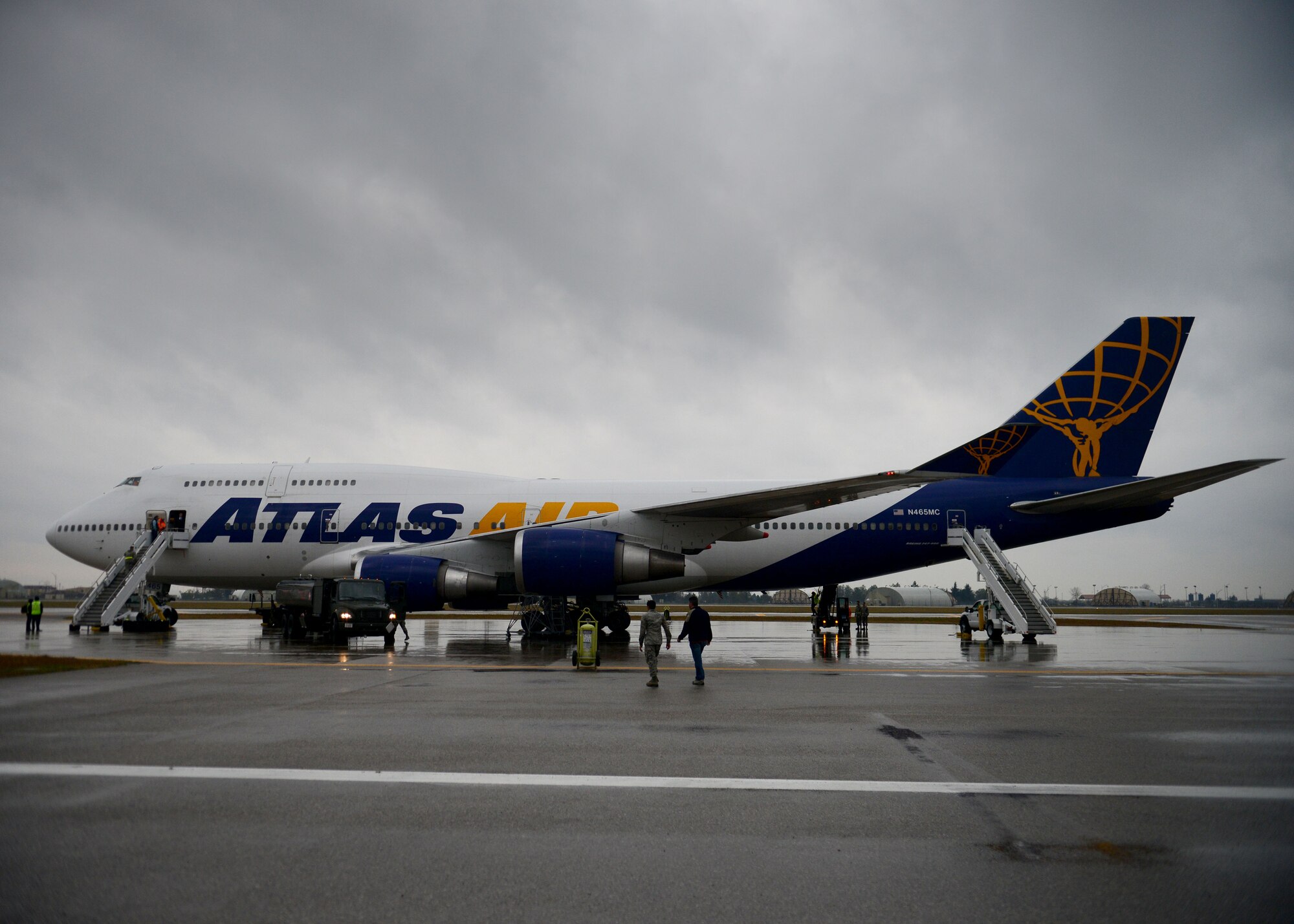 Crew members prepare an aircraft for the first flight of the Patriot Express service from here since 2016 at Aviano Air Base, Italy, April 4, 2019. The Patriot Express service, ran by the 724th Air Mobility Squadron, offers cheaper fares and a closer arrival and departure location for Aviano Airmen and their families. (U.S. Air Force photo by Staff Sgt. Rebeccah Woodrow)