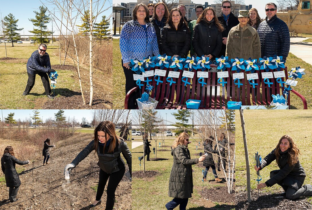 A collage of images showing individuals placing blue pinwheels and spreading flower seeds by trees.