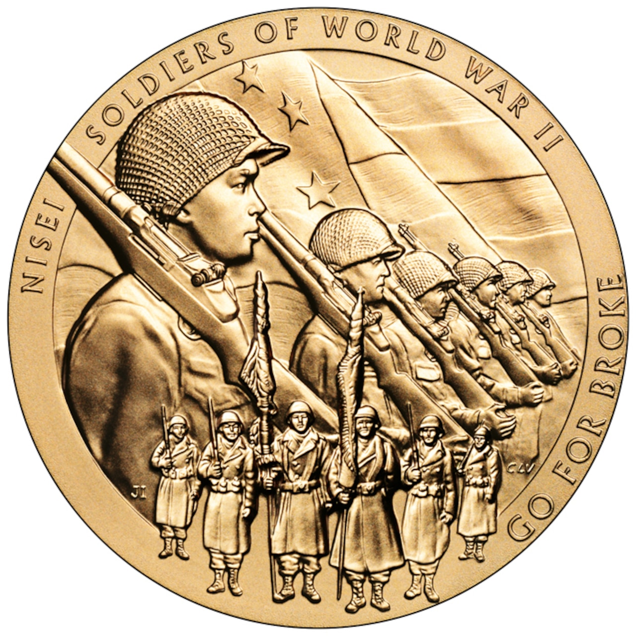 A gold medal with the image of Japanese American World War II soldiers and the words “Nisei soldiers of World War II Go for Broke”