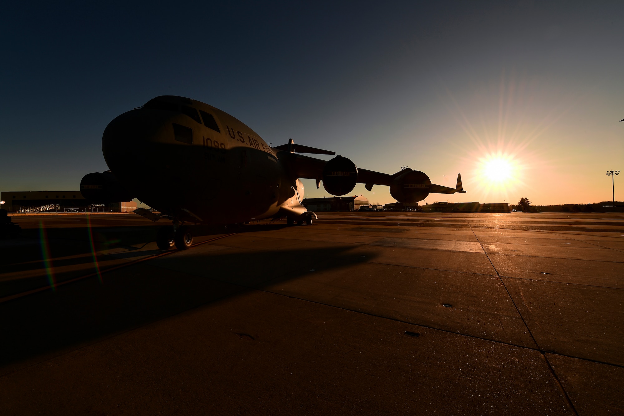 A C-17 Globemaster III assigned to the 911th Airlift Wing sits on the flightline at the Pittsburgh International Airport Air Reserve Station, Pennsylvania, March 26, 2019. The C-17 is capable of rapid strategic delivery of troops and all types of cargo to main operating bases or directly to forward bases in the deployment area.