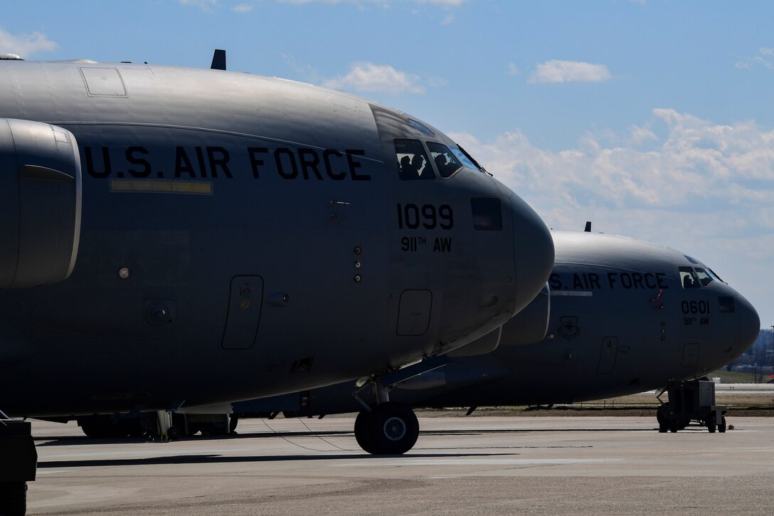 Airmen assigned to the 911th Operations Group prepare to depart for an overseas mission at the Pittsburgh International Airport Air Reserve Station, Pennsylvania, April 3, 2019. This was the first overseas mission that the 911th Airlift Wing flew directly out of Pittsburgh IAP ARS following the conversion to the C-17 Globemaster III.