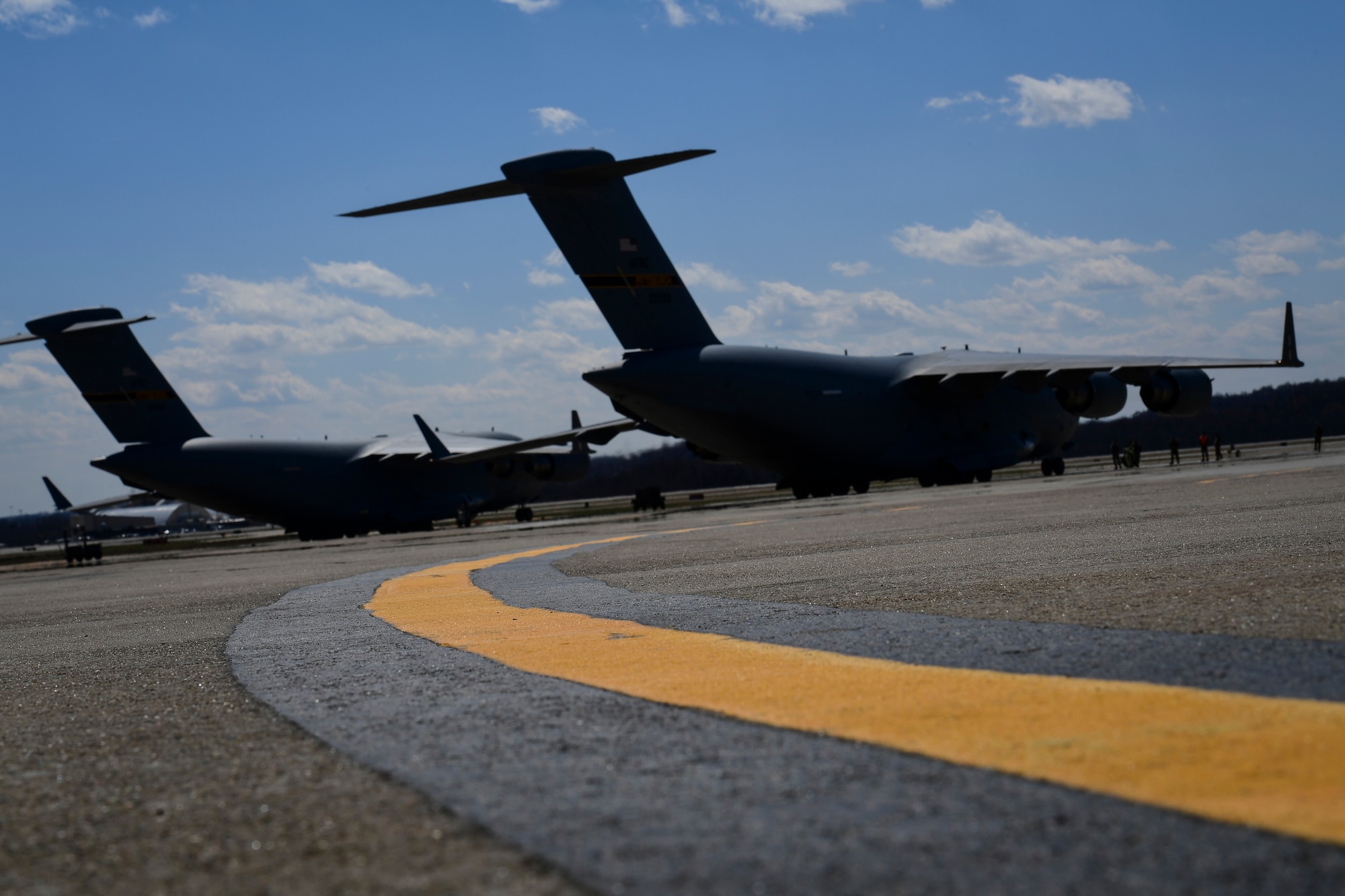 Airmen assigned to the 911th Operations Group prepare to depart for an overseas mission at the Pittsburgh International Airport Air Reserve Station, Pennsylvania, April 3, 2019. This was the first overseas mission that the 911th Airlift Wing flew directly out of Pittsburgh IAP ARS following the conversion to the C-17 Globemaster III.
