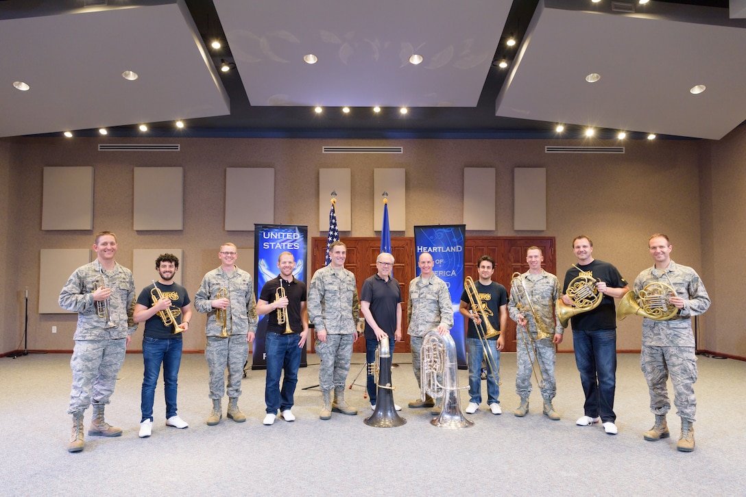 Canadian Brass performs with Offutt Brass, the brass ensemble component of the USAF Heartland of America Band.  The two groups recorded "Echo" by Samuel Scheidt, available for view on YouTube