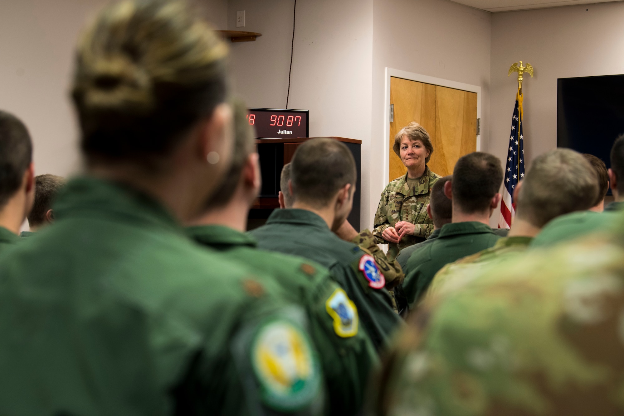 U.S. Air Force Gen. Maryanne Miller, Air Mobility Command commander, holds an open discussion with pilots at Fairchild Air Force Base, Washington, March 28, 2019. During Miller’s visit, she emphasized the importance of developing and preparing Airmen at all levels to face both current and future challenges. (U.S. Air Force photo by Airman 1st Class Lawrence Sena)