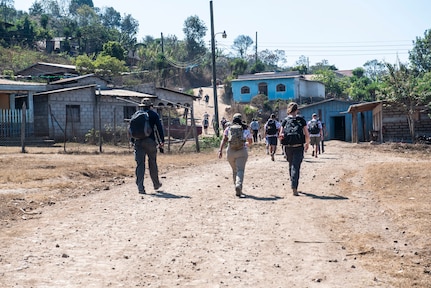 Joint Task Force-Bravo Chapel Hike 78 volunteers walk to a community center in the mountains of La Paz, Honduras, March 30, 2019.