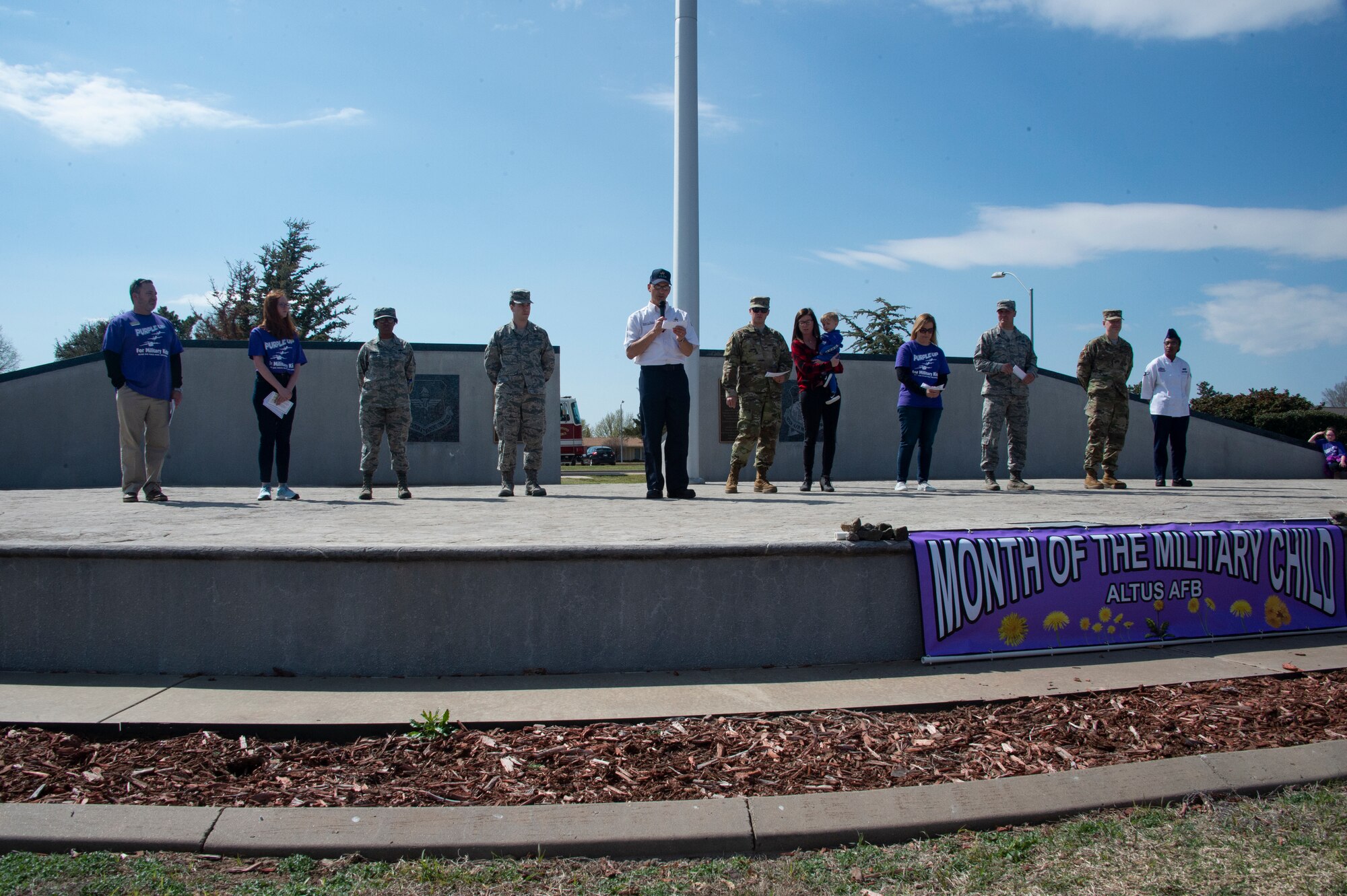 David Fortuna, 97th Maintenance Squadron quality assurance and product improvement specialist, reads part of the 2019 Month of the Military Child Proclamation, April 1, 2019, at Altus Air Force Base, Okla. Members of the 97th Air Mobility Wing took turns reading the proclamation, highlighting the fact that it’s an entire base effort to care about children. (U.S. Air Force photo by Senior Airman Cody Dowell)