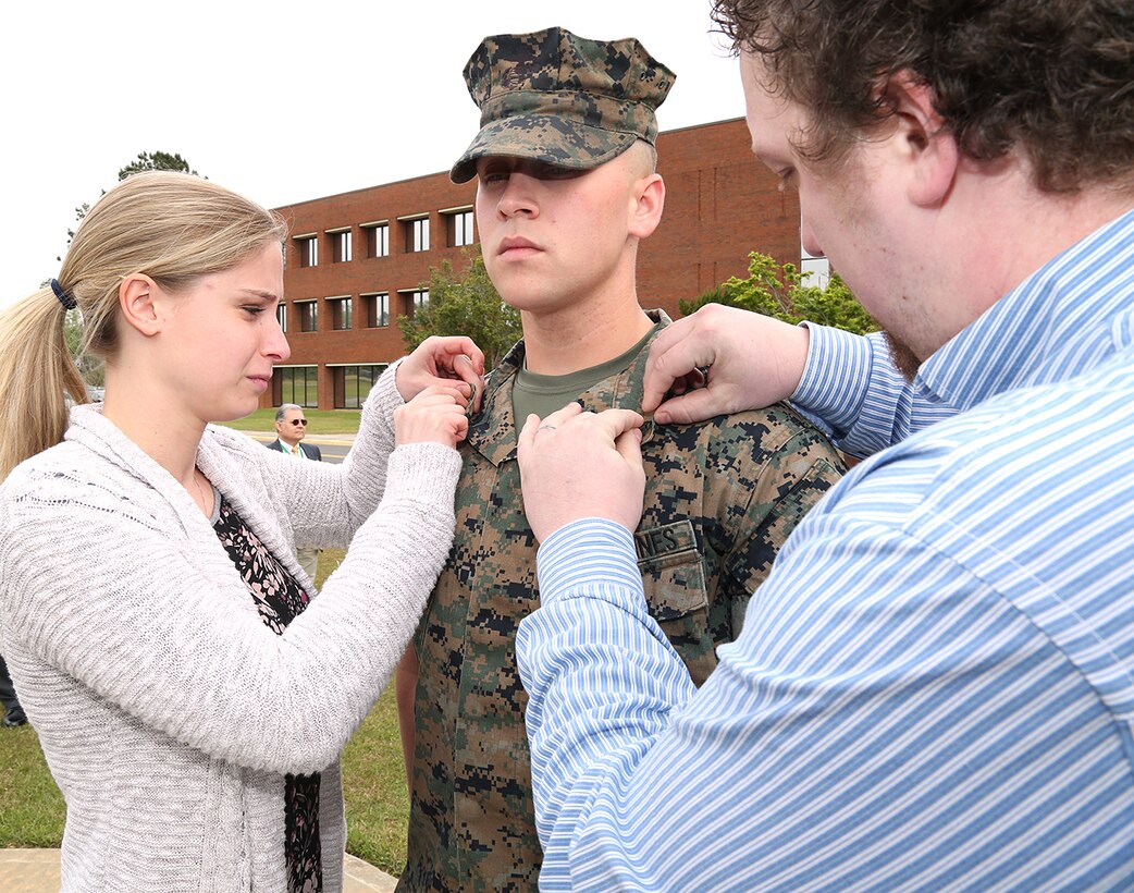 Cpl. Bo Haymaker, Marine air ground task force plans clerk, Enterprise Distribution Division, G3/5, Marine Corps Logistics Command, was promoted to his current rank during a ceremony held at Building 3700, April 1.