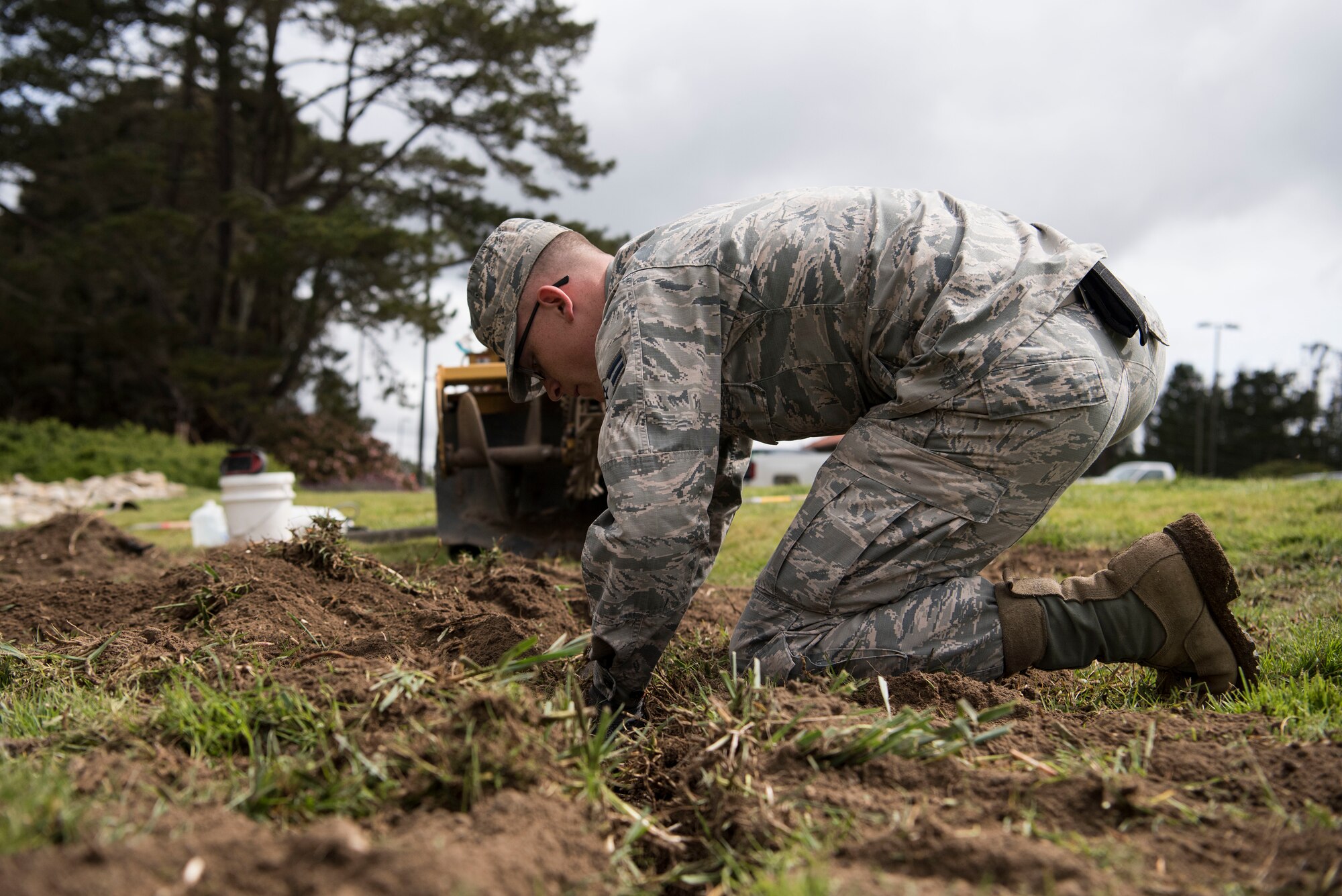 Airman 1st Class Tristan Gibson, 30th Civil Engineering Squadron Airman, participates in base repairs April 4, 2019, on Vandenberg Air Force Base, Calif. Gibson helps maintain Vandenberg AFB and makes repairs and upgrades when needed. (U.S. Air Force photo by Airman 1st Class Hanah Abercrombie)