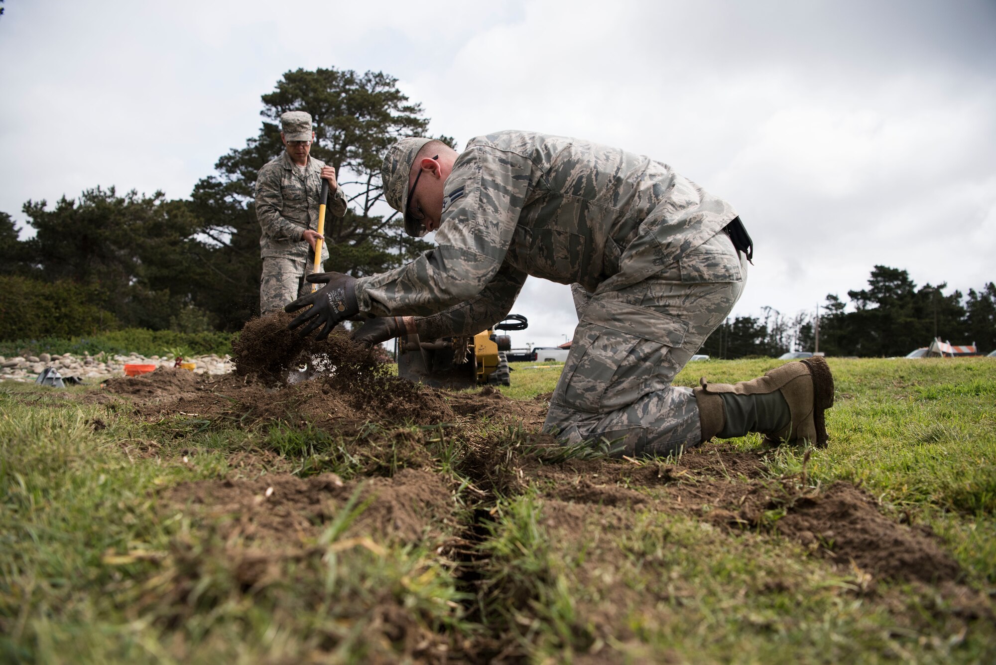 Airman 1st Class Tristan Gibson, 30th Civil Engineering Squadron Airman, participates in base repairs April 4, 2019, on Vandenberg Air Force Base, Calif. Gibson helps maintain Vandenberg AFB and makes repairs and upgrades when needed. (U.S. Air Force photo by Airman 1st Class Hanah Abercrombie)