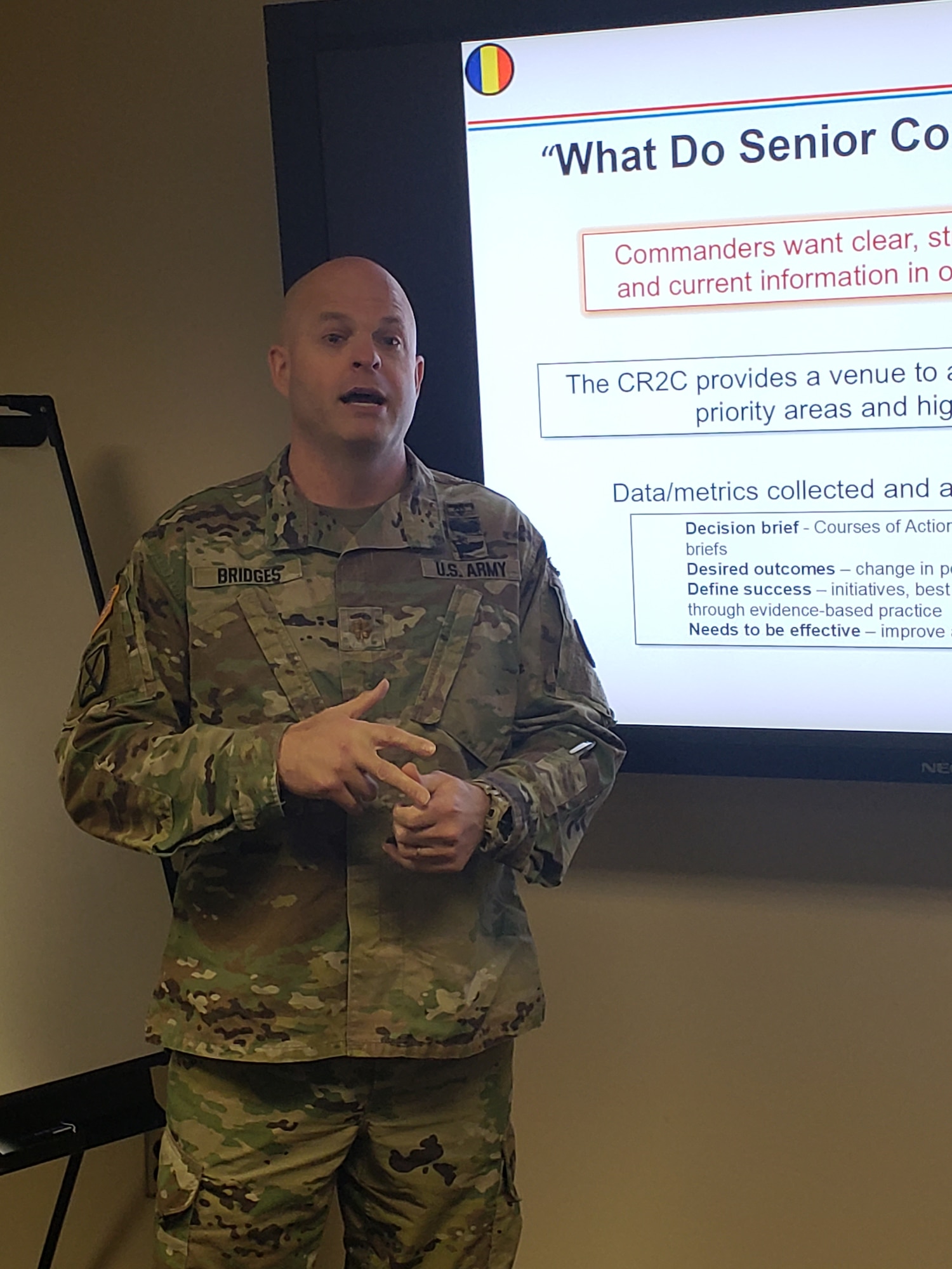 Maj. Davin Bridges, TRADOC Surgeon’s executive officer, trains the Community R2 Integrators on what commanders want in a briefing at the TRADOC Commander’s R2 Council strategic training Jan 20-25 at Fort Eustis, Virginia.