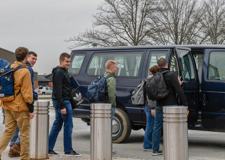 Recent Air Force Reserve enlistees board a van for transport to the airport from Youngstown Air Reserve Station, April 2, 2019.