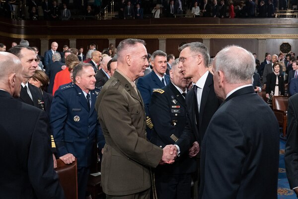 Chairman of the Joint Chiefs of Staff Gen. Joe Dunford greets NATO Secretary General Jens Stoltenberg ahead of his address to the joint session of Congress in Washington D.C., April 3, 2019