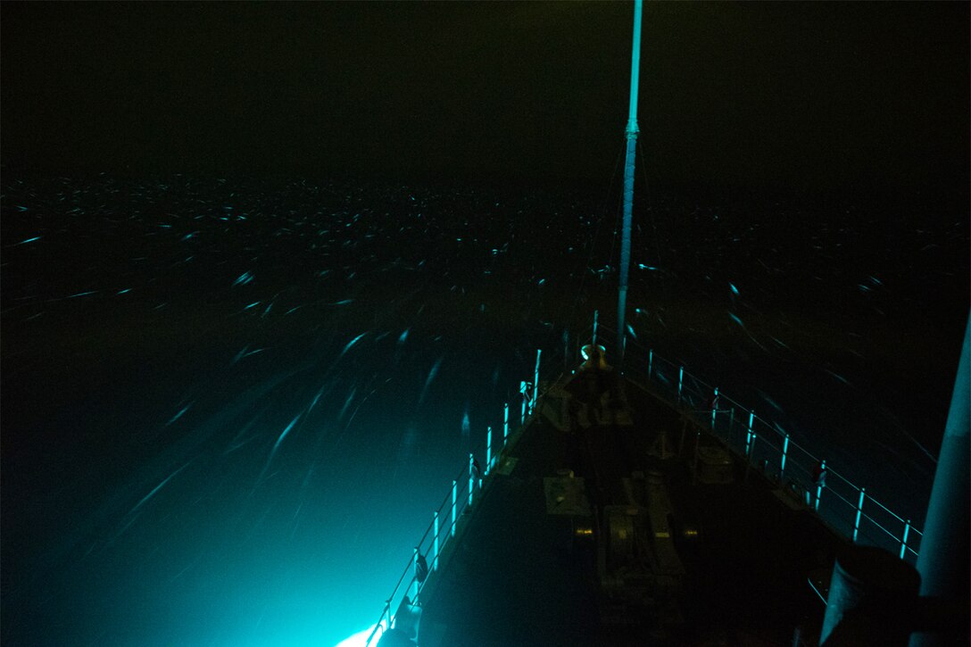 Bioluminescence glows in the wake of a ship.