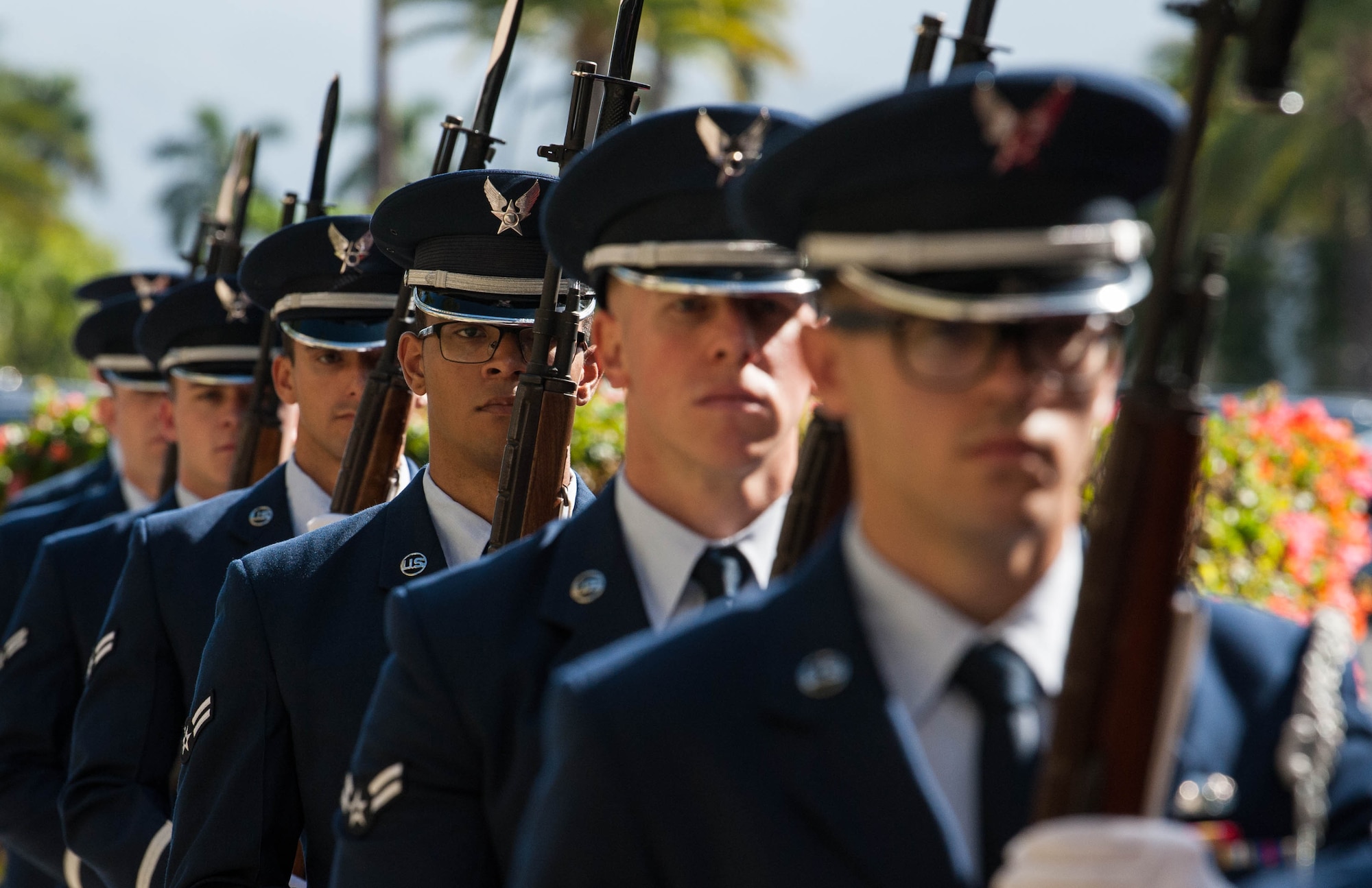 Airmen from the Hickam Field Honor Guard prepare for the arrival of a delegation from the Mongolian Air Force Command at Headquarters Pacific Air Forces, Joint Base Pearl Harbor-Hickam, Hawaii, March 26, 2019.
