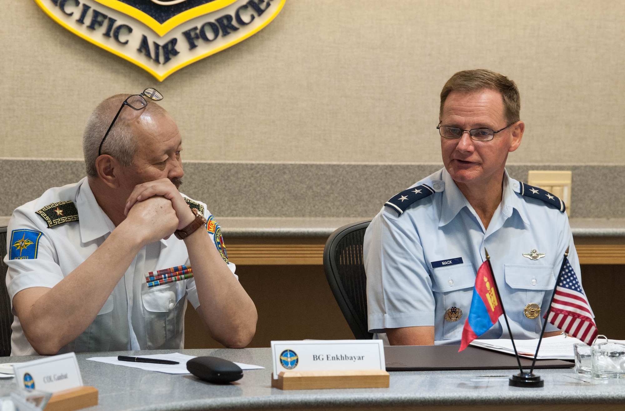 Commander of the Mongolian Air Force Command Brig. Gen. Enkhbayar Ochir and Pacific Air Forces Deputy Commander Maj. Gen. Russ Mack participate in the first Airman-to-Airman talks between the two nations’ air forces at Headquarters PACAF, Joint Base Pearl Harbor-Hickam, Hawaii, March 27, 2019.