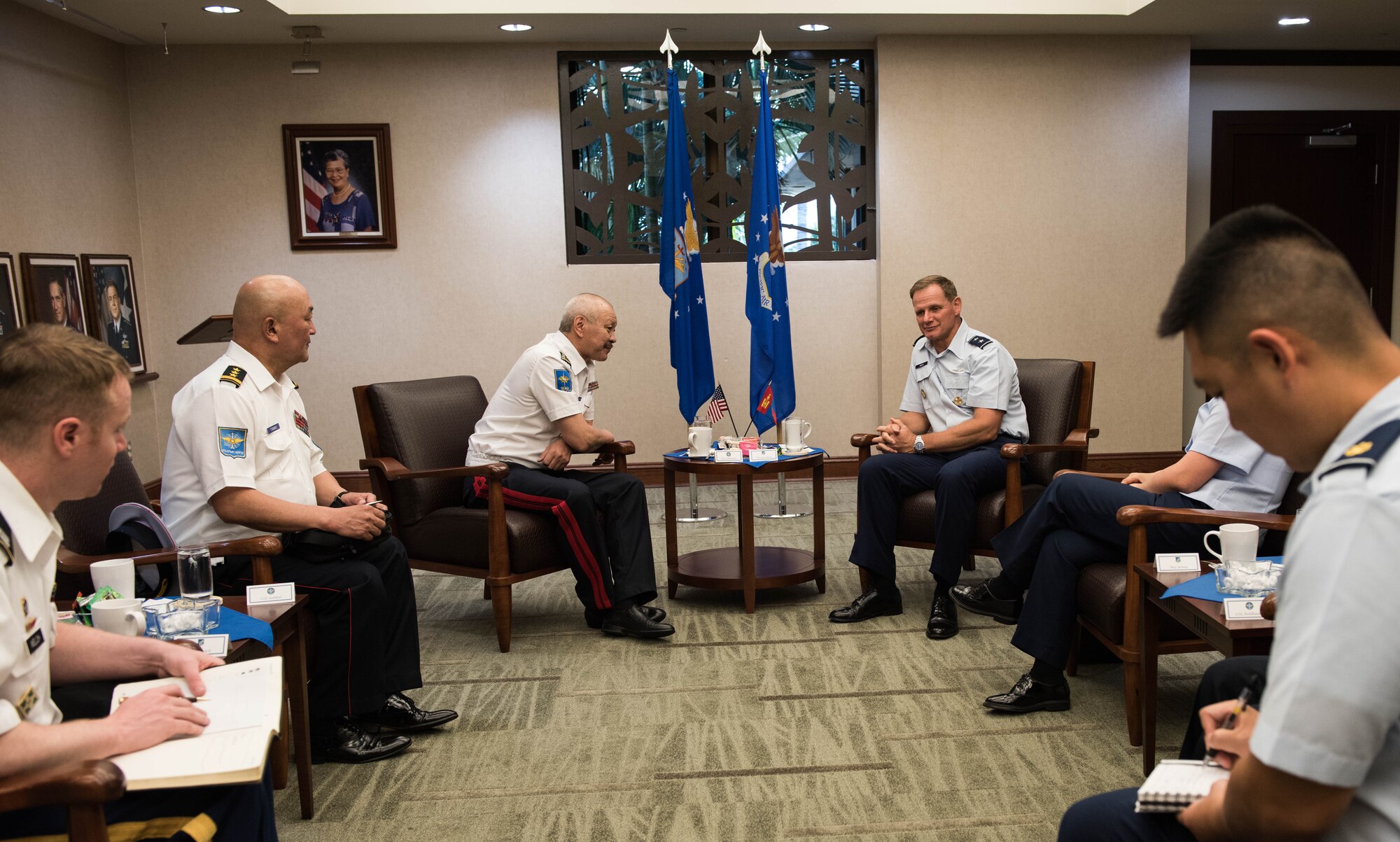 Commander of the Mongolian Air Force Command Brig. Gen. Enkhbayar Ochir and Pacific Air Forces Deputy Commander Maj. Gen. Russ Mack kick off the first Airman-to-Airman talks between to two nations’ air forces with an office call at Headquarters PACAF, Joint Base Pearl Harbor-Hickam, Hawaii, March 26, 2019.