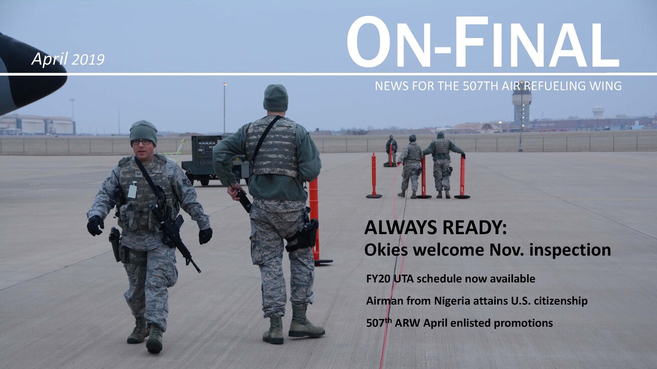 Senior Airman Steven Hill, 507th Security Forces Squadron, and a team of 507th SFS defenders set up a perimeter to secure aircraft on the flightline during an aircraft generation exercise geared toward wartime preparation and readiness March 2, 2019, at Tinker Air Force Base, Oklahoma. The 507th Air Refueling Wing's unit effectiveness inspection capstone event is scheduled for Nov. 15-19, 2019. (U.S. Air Force photo by Tech. Sgt. Lauren Gleason) (This photo has been altered for security purposes by blurring out identification badges.)